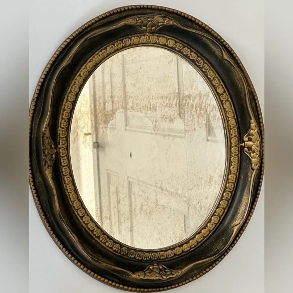 Gorgeous Vintage Mirror in Black & Burnished Gold with kick-stand on back